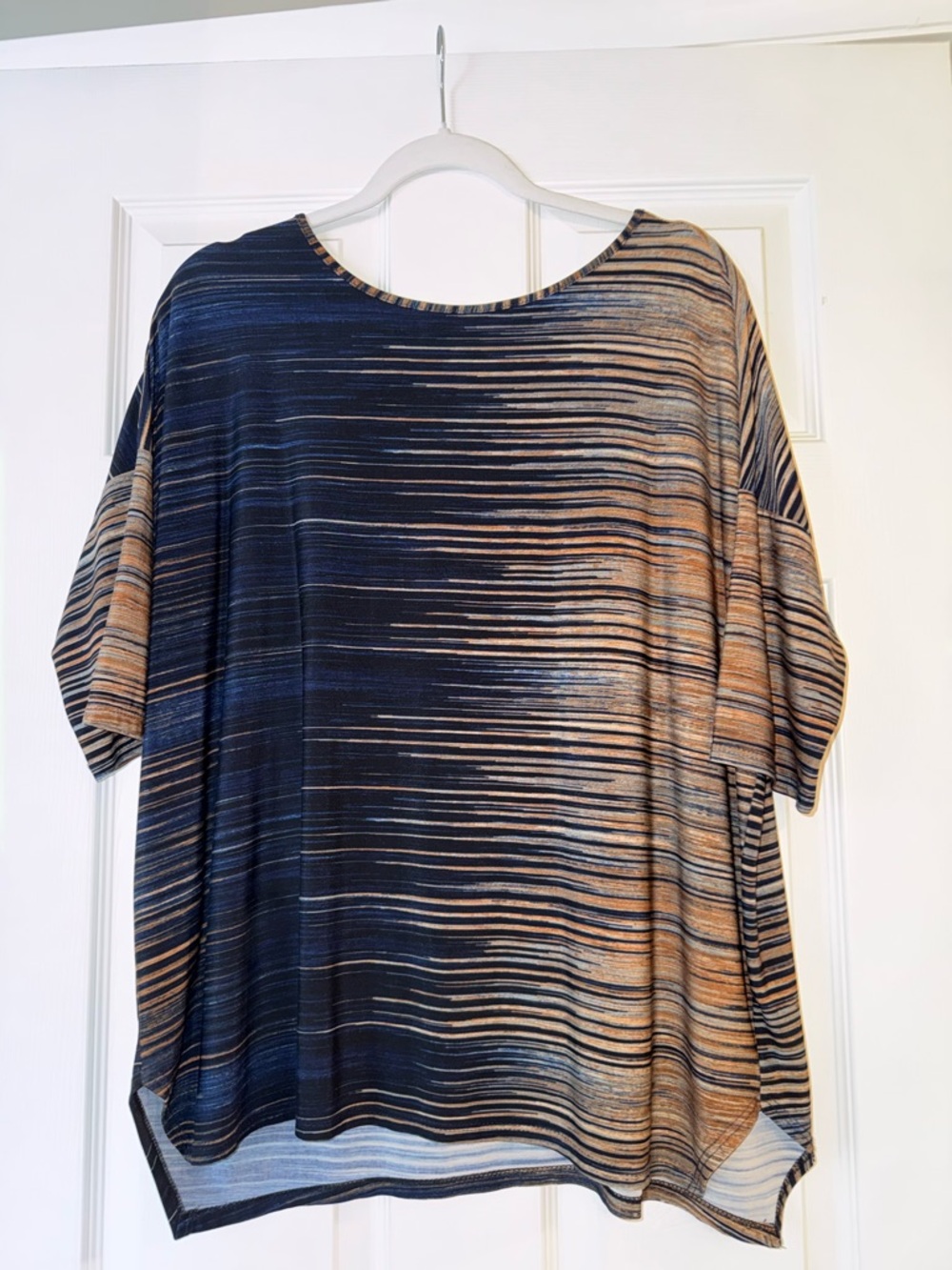 Clara Sun Woo Navy and Tan Striped Scoop-Neck Short Sleeve Top